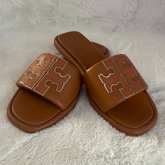 TORY BURCH Double T Logo Sport Leather Slide Sandal Aged Camello/Gold Size: 9 - Picture 3 of 16